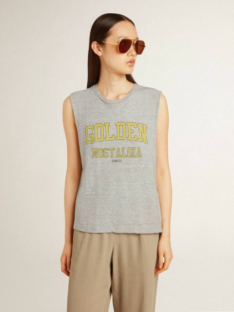 Women Golden Goose Women's Gray Sleeveless T-Shirt With Yellow Print T-Shirts & Tops Gray - Image 2