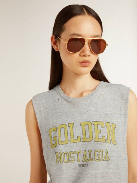 Women Golden Goose Women's Gray Sleeveless T-Shirt With Yellow Print T-Shirts & Tops Gray - Image 5