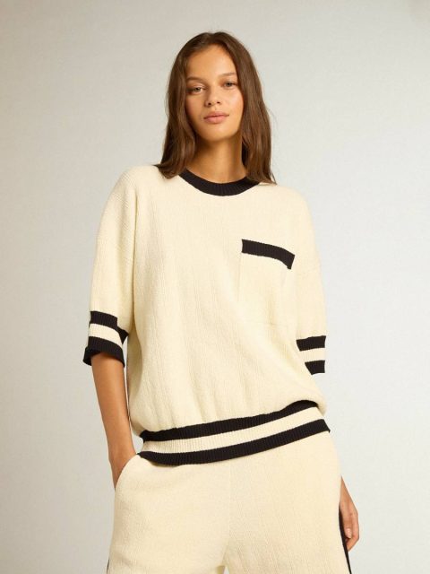Women Golden Goose Women's Short-Sleeved Sweater In Vintage White With Blue Rib Knit Vintage White Knitwear - Image 2