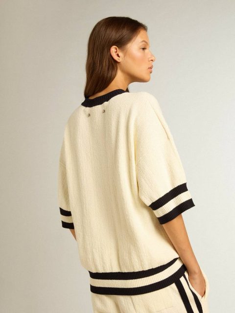 Women Golden Goose Women's Short-Sleeved Sweater In Vintage White With Blue Rib Knit Vintage White Knitwear - Image 4