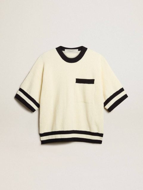 Women Golden Goose Women's Short-Sleeved Sweater In Vintage White With Blue Rib Knit Vintage White Knitwear
