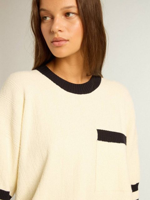 Women Golden Goose Women's Short-Sleeved Sweater In Vintage White With Blue Rib Knit Vintage White Knitwear - Image 5