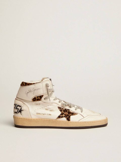 Women Golden Goose Women's Sky-Star With Signature And Leopard Print Pony Skin Inserts White Sky-Star
