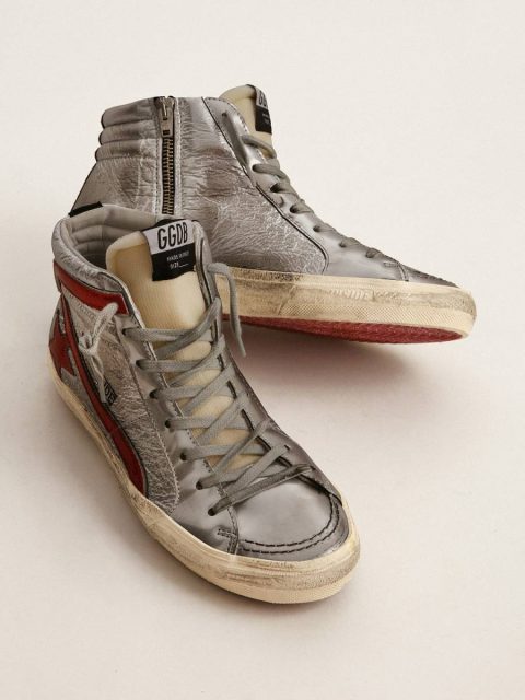 Women Golden Goose Women’s Slide With Silver Metallic Leather Upper And Red Metallic Leather Flash Slide - Image 2