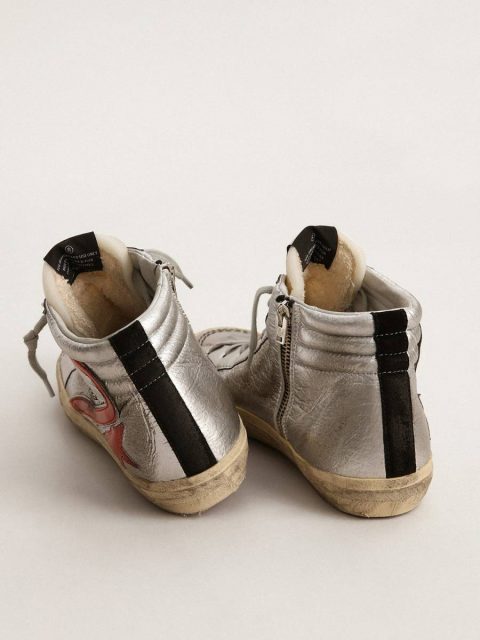 Women Golden Goose Women’s Slide With Silver Metallic Leather Upper And Red Metallic Leather Flash Slide - Image 4