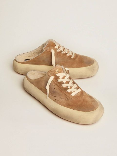 Women Golden Goose Women's Space-Star Sabot Shoes In Tobacco-Colored Suede With Shearling Lining Space-Star - Image 2