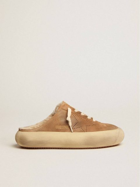 Women Golden Goose Women's Space-Star Sabot Shoes In Tobacco-Colored Suede With Shearling Lining Space-Star