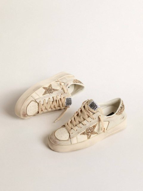 Women Golden Goose Women’s Stardan In Ecru Nappa Leather With Gold Glitter Star And Heel Tab Stardan - Image 2