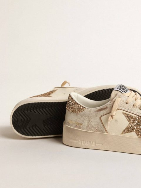 Women Golden Goose Women’s Stardan In Ecru Nappa Leather With Gold Glitter Star And Heel Tab Stardan - Image 4