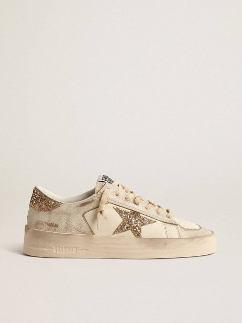 Women Golden Goose Women’s Stardan In Ecru Nappa Leather With Gold Glitter Star And Heel Tab Stardan