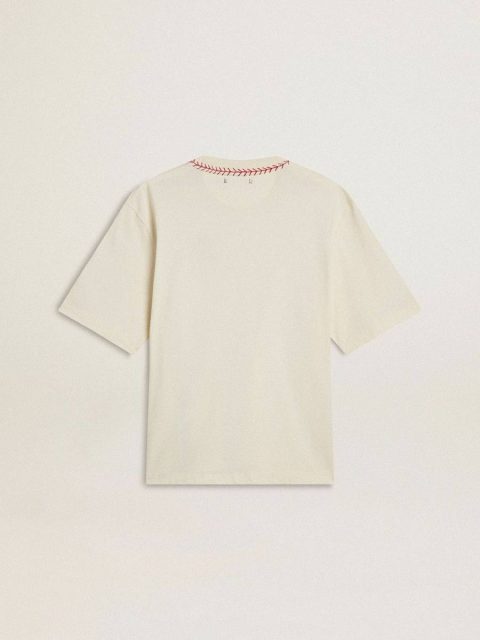 Women Golden Goose Worn White T-Shirts & Tops Cny Worn-White Sleeveless T-Shirt With Red Embroidery - Image 2