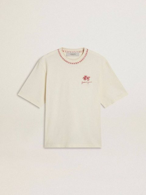 Women Golden Goose Worn White T-Shirts & Tops Cny Worn-White Sleeveless T-Shirt With Red Embroidery