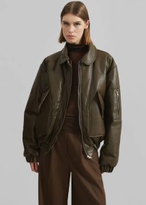 Women Green Blane Faux Leather Padded Bomber Jacket - Khaki Brown The Frankie Shop Outerwear