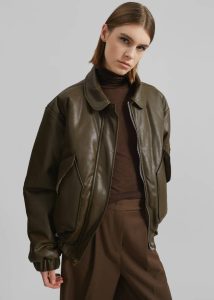 Women Green Blane Faux Leather Padded Bomber Jacket - Khaki Brown The Frankie Shop Outerwear - Image 4