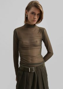 Women Green Tops The Frankie Shop Tulia Long Sleeve Mesh Tee - Khaki