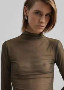 Women Green Tops The Frankie Shop Tulia Long Sleeve Mesh Tee - Khaki - Image 4