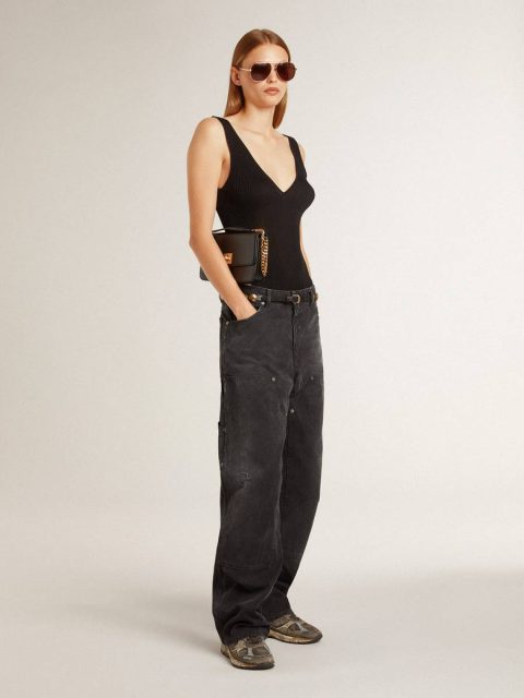 Women Jeans & Pants Black Golden Goose Women's Distressed Black Cotton Jeans With Front Patches - Image 3