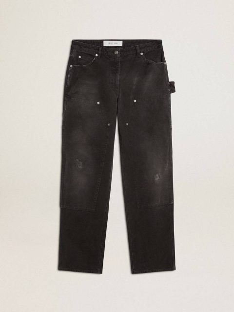 Women Jeans & Pants Black Golden Goose Women's Distressed Black Cotton Jeans With Front Patches
