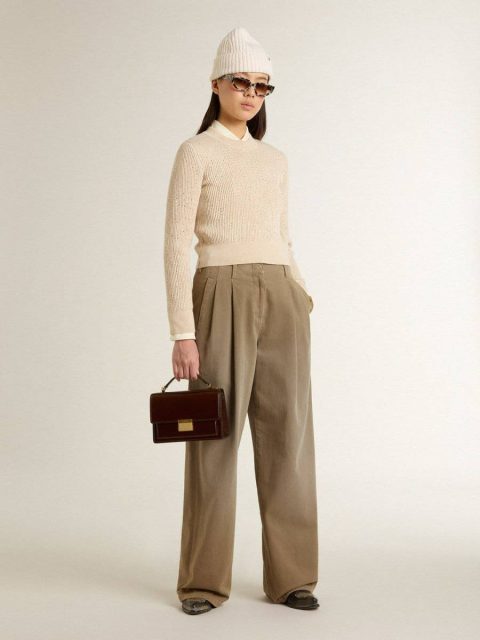 Women Knitwear Cropped Round-Neck Sweater In Beige Wool With All-Over Crystals Golden Goose Beige - Image 3