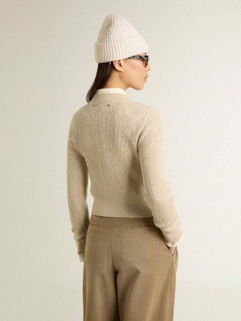 Women Knitwear Cropped Round-Neck Sweater In Beige Wool With All-Over Crystals Golden Goose Beige - Image 4