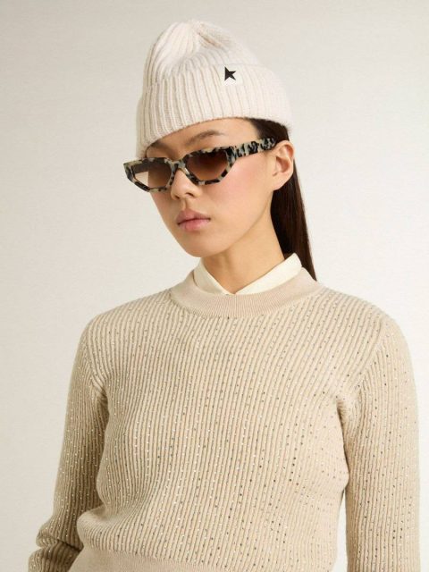 Women Knitwear Cropped Round-Neck Sweater In Beige Wool With All-Over Crystals Golden Goose Beige - Image 5