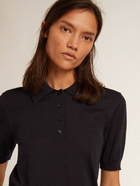 Women Navy Blue Golden Goose Women’s Polo Shirt In Navy-Blue Merino Wool T-Shirts & Tops - Image 5
