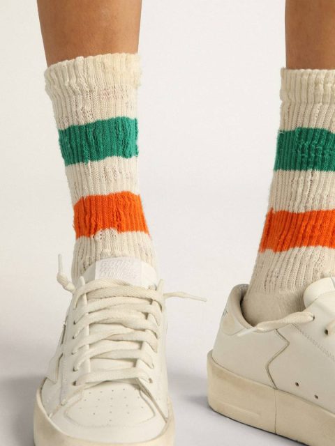 Women Papyrus White Socks Distressed-Finish White Socks With Green And Orange Stripes Golden Goose - Image 3