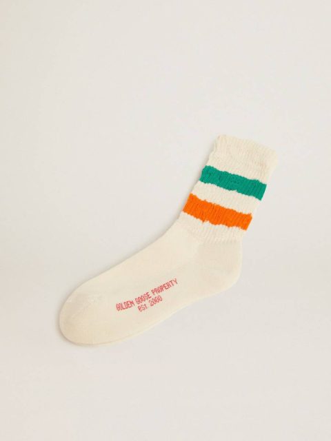 Women Papyrus White Socks Distressed-Finish White Socks With Green And Orange Stripes Golden Goose