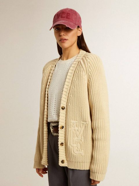 Women Parchment Women's Cotton Cardigan With Embroidery On The Front Golden Goose Knitwear - Image 2