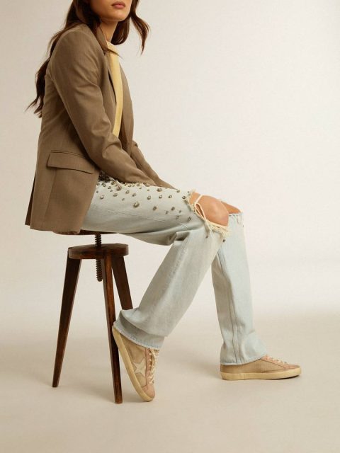 Women Super-Star Golden Goose Super-Star Ltd In White Mesh And Pink Nubuck With Swarovski Crystals Heel Tab - Image 3