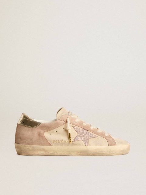 Women Super-Star Golden Goose Woman's Super-Star In Pale Pink Suede With Suede Star And Platinum Heel Tab