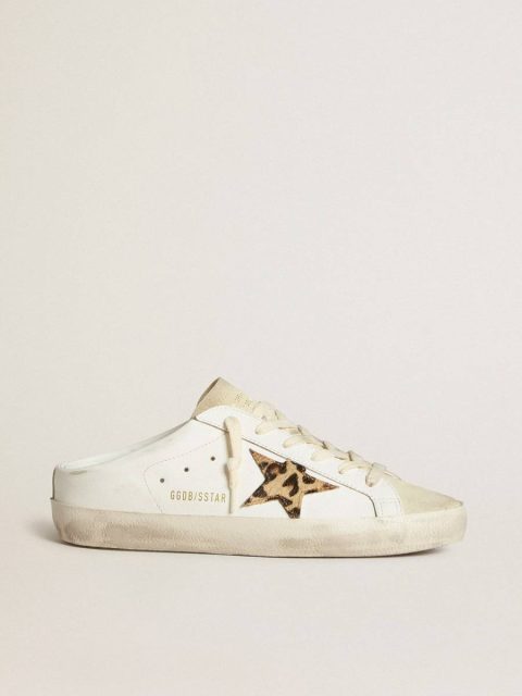 Women Super-Star Sabot Golden Goose White Super-Star Sabots With Pony Skin Star And Beige Suede Tongue
