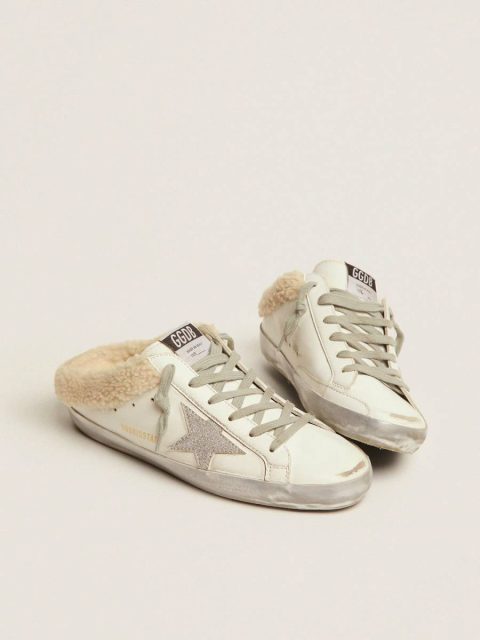 Women Super-Star Sabots In White Leather With Shearling Lining Golden Goose Super-Star Sabot White - Image 2