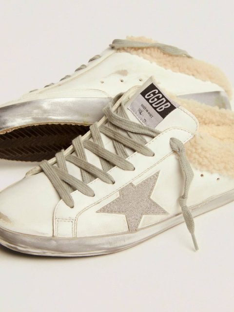 Women Super-Star Sabots In White Leather With Shearling Lining Golden Goose Super-Star Sabot White - Image 4