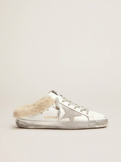 Women Super-Star Sabots In White Leather With Shearling Lining Golden Goose Super-Star Sabot White