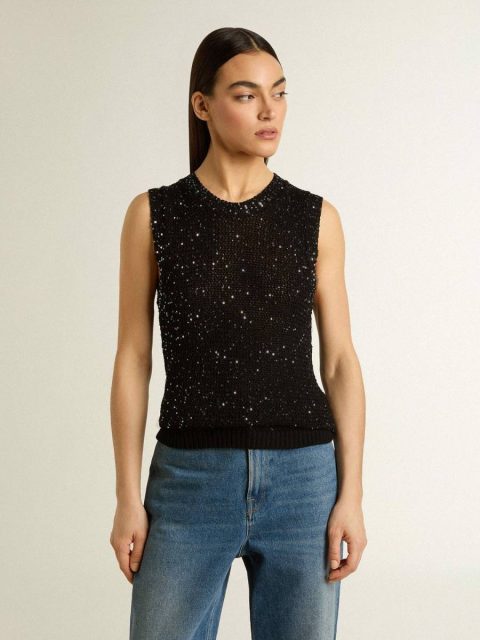 Women T-Shirts & Tops Black Mesh Knit Top With Sequins And Contrasting Details Golden Goose Black - Image 2