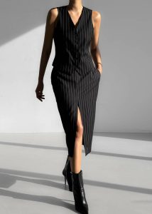 Women The Frankie Shop Black Holland Midi Slit Skirt - Black/White Pinstripe Bottoms