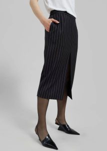 Women The Frankie Shop Black Holland Midi Slit Skirt - Black/White Pinstripe Bottoms - Image 3
