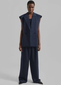 Women The Frankie Shop Blue Outerwear Shane Twill Double Breasted Vest - Navy/White Pinstripe - Image 2