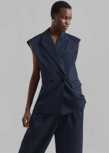 Women The Frankie Shop Blue Outerwear Shane Twill Double Breasted Vest - Navy/White Pinstripe