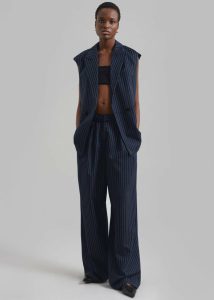 Women The Frankie Shop Blue Outerwear Shane Twill Double Breasted Vest - Navy/White Pinstripe - Image 4