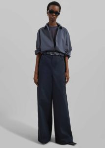Women The Frankie Shop Bottoms Blue Sasha Wide Leg Twill Pants - Navy