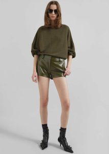 Women The Frankie Shop Bottoms Green Kate Crackled Faux Leather Mini Shorts - Olive - Image 3