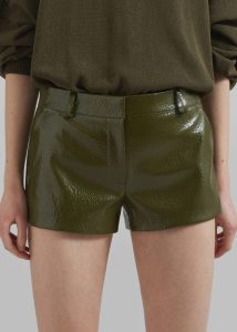 Women The Frankie Shop Bottoms Green Kate Crackled Faux Leather Mini Shorts - Olive - Image 4