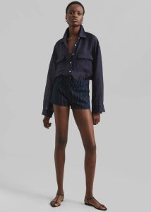Women The Frankie Shop Bottoms Kate Twill Mini Shorts - Navy/White Pinstripe Blue - Image 2