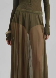 Women The Frankie Shop Bottoms Vallen Pleated Mesh Maxi Skirt - Khaki Green - Image 3
