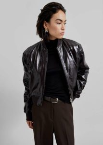 Women The Frankie Shop Brown Micky Crackled Faux Leather Cropped Bomber - Dark Brown Outerwear