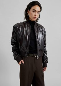 Women The Frankie Shop Brown Micky Crackled Faux Leather Cropped Bomber - Dark Brown Outerwear - Image 5