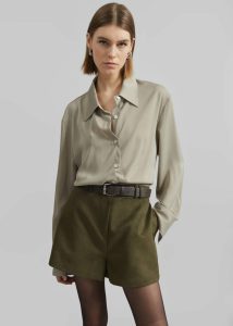 Women The Frankie Shop Merida Faux Suede Shorts - Khaki Green Bottoms - Image 2