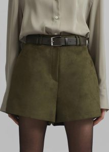 Women The Frankie Shop Merida Faux Suede Shorts - Khaki Green Bottoms - Image 3